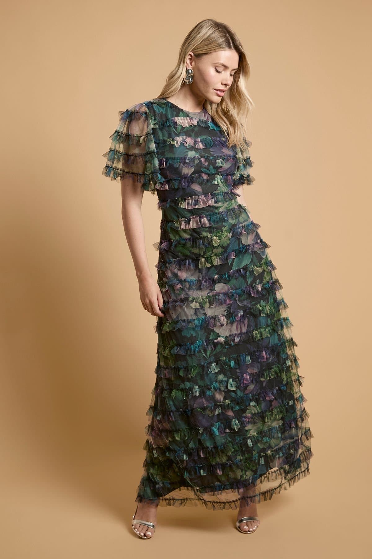 Oasis Oasis Women's Floral Print Ruffle Mesh Maxi Dress
