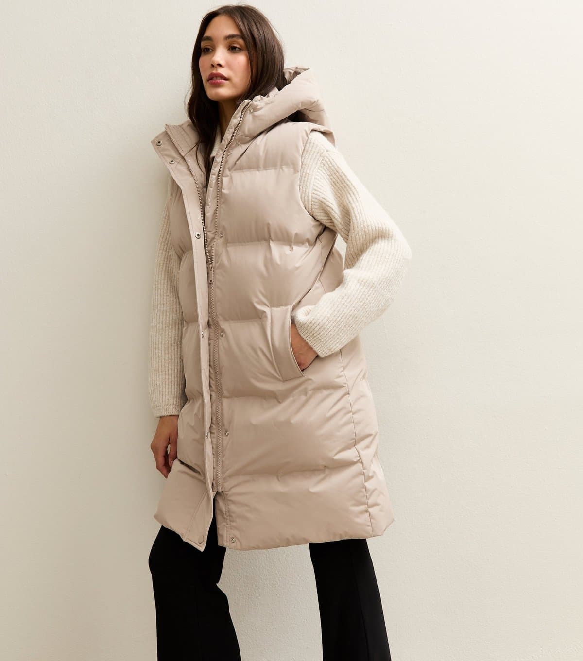 New Look Women's Stone Padded Tiered Midi Gilet New Look