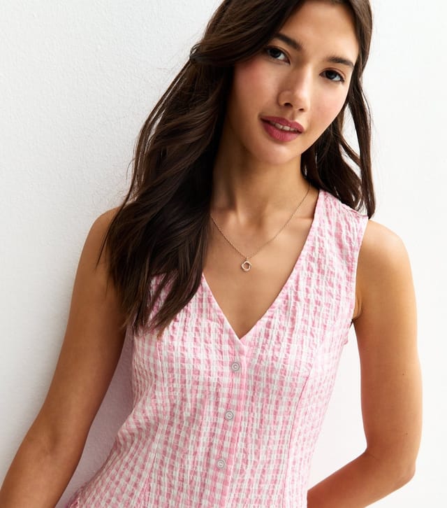 New Look Women's Pink Gingham V-Neck Button Up Mini Dress New Look - 2