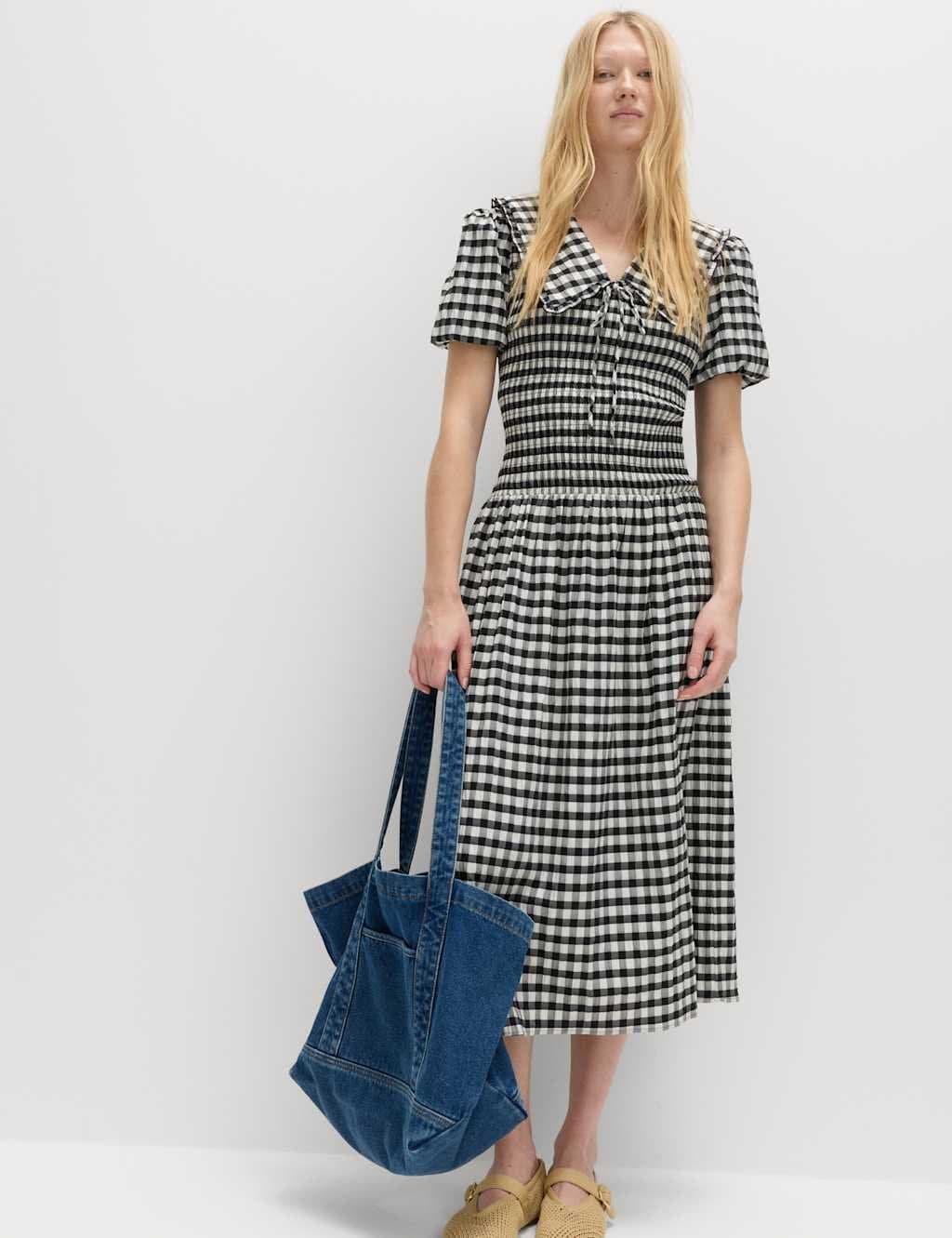 Marks & Spencer M&S Cotton Blend Gingham Dropped Waist Midi Dress Black Mix