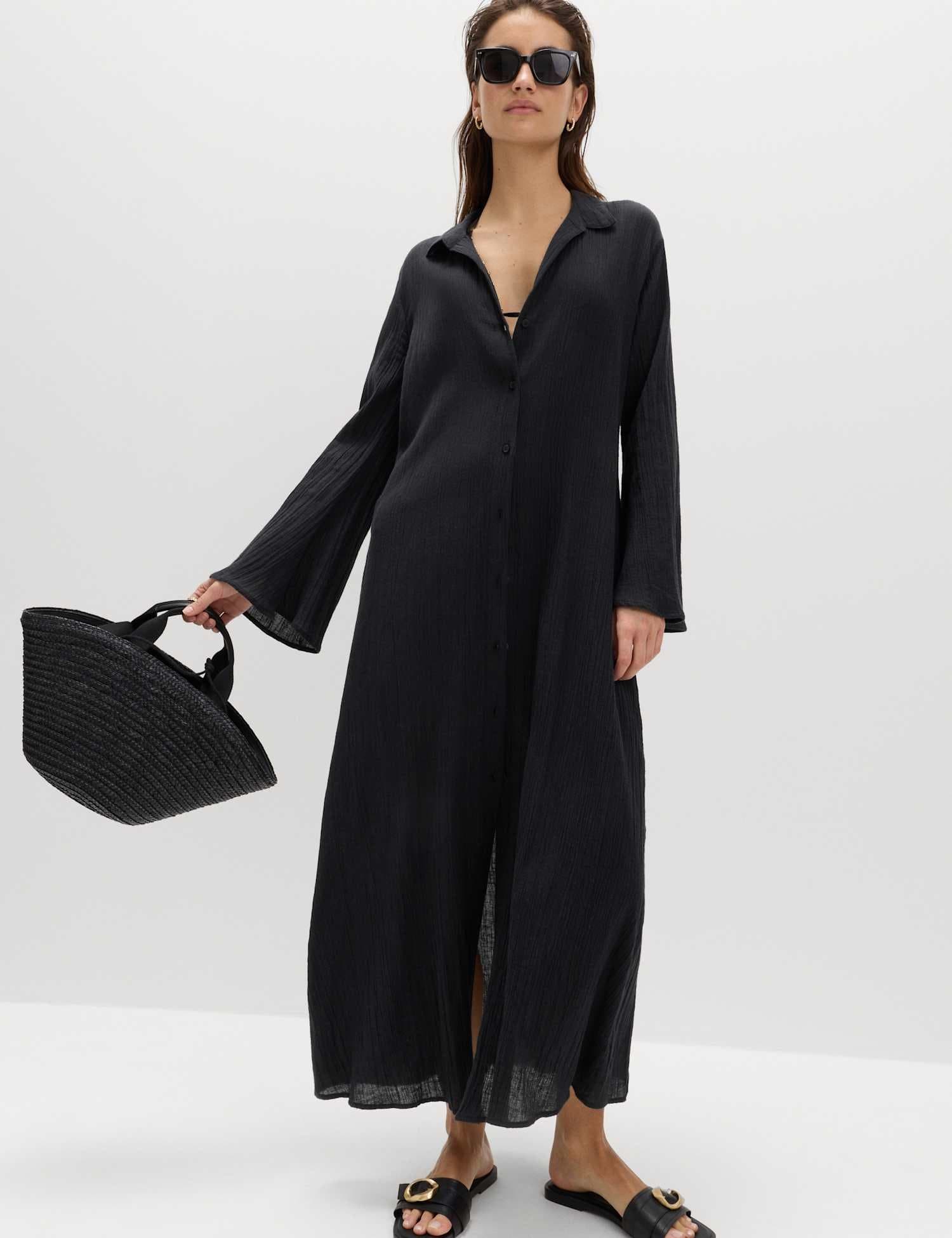Marks & Spencer M&S Cotton Rich Midi Shirt Dress with Linen Peach