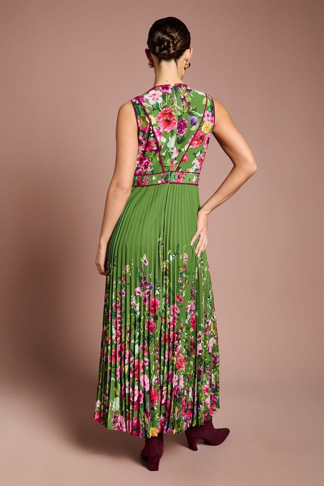 Coast Coast Women's Lisa Tan Pleated Piped Bodice Printed Midi Dress in Green - 3