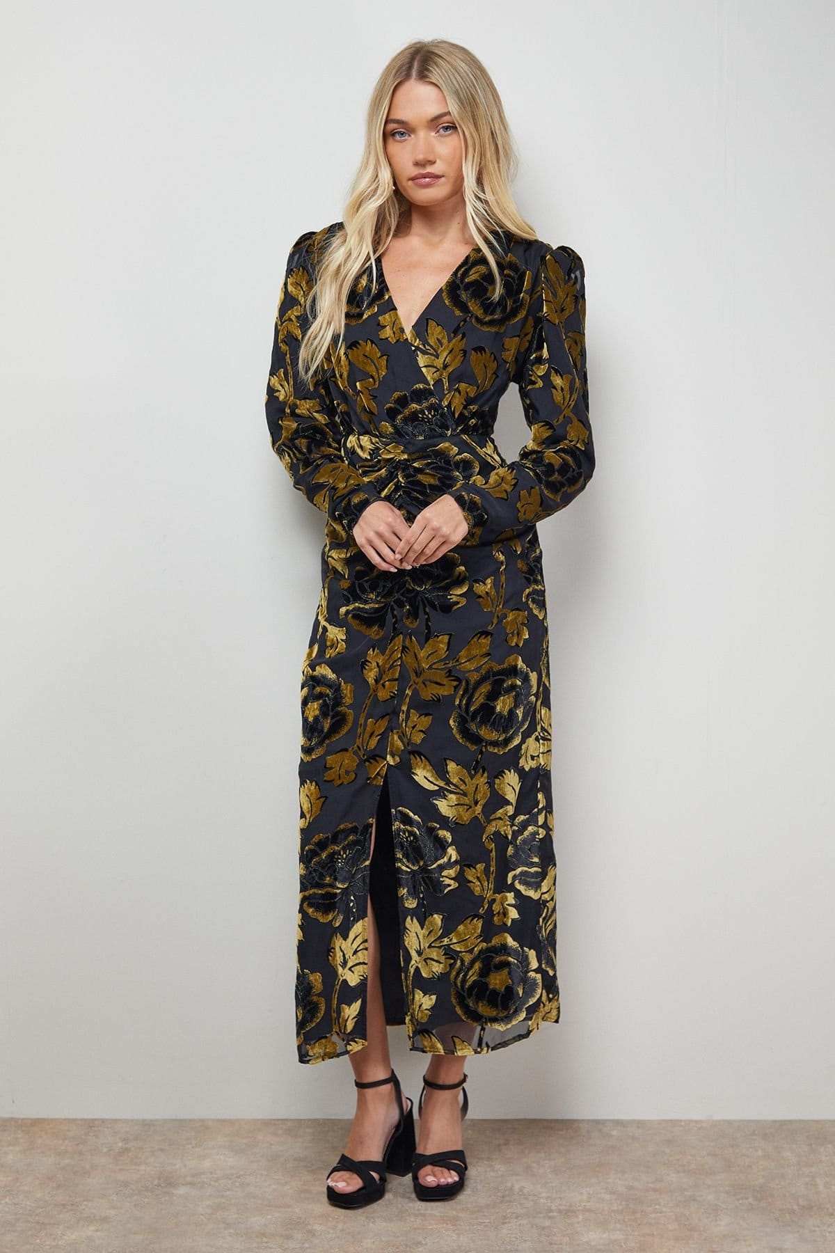 Oasis Gold Floral Shoulder Pad Midi Dress