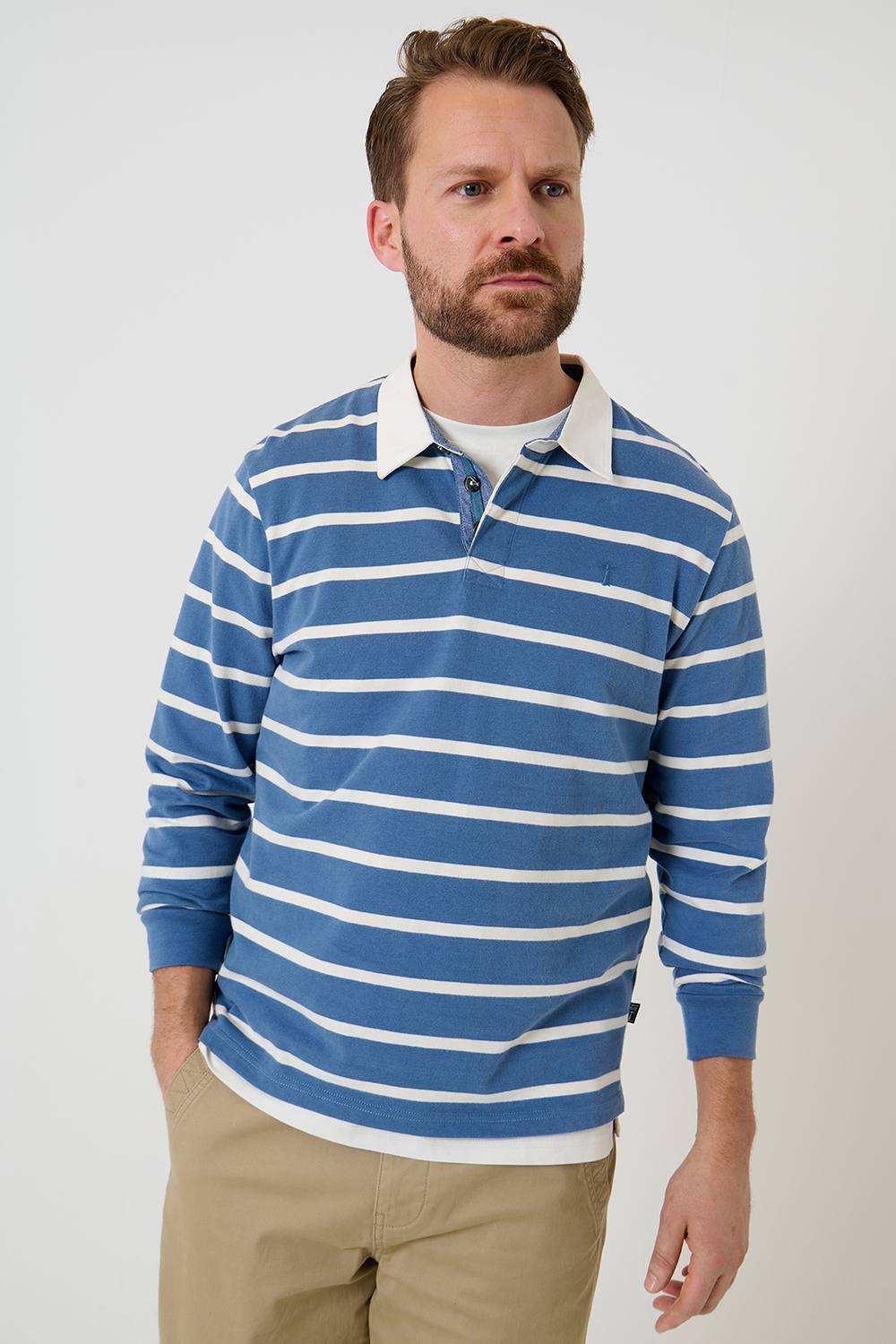 Saltwell Saltwell Men's Stripe Cotton Long Sleeve Polo Shirt in Blue - 4