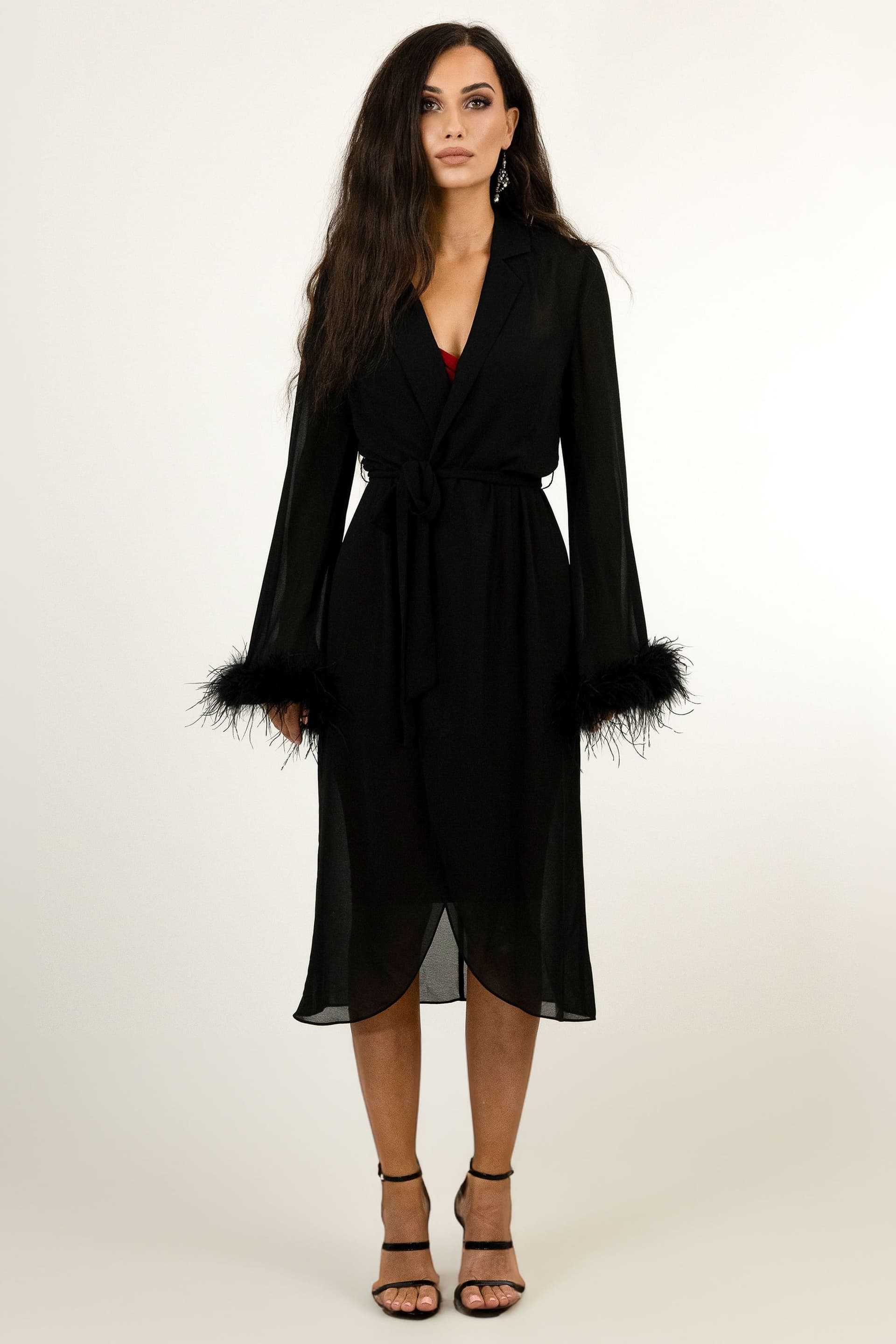 BALOU BALOU Women's Ostrich Feather Trimmed Midi Wrap Dress in Black