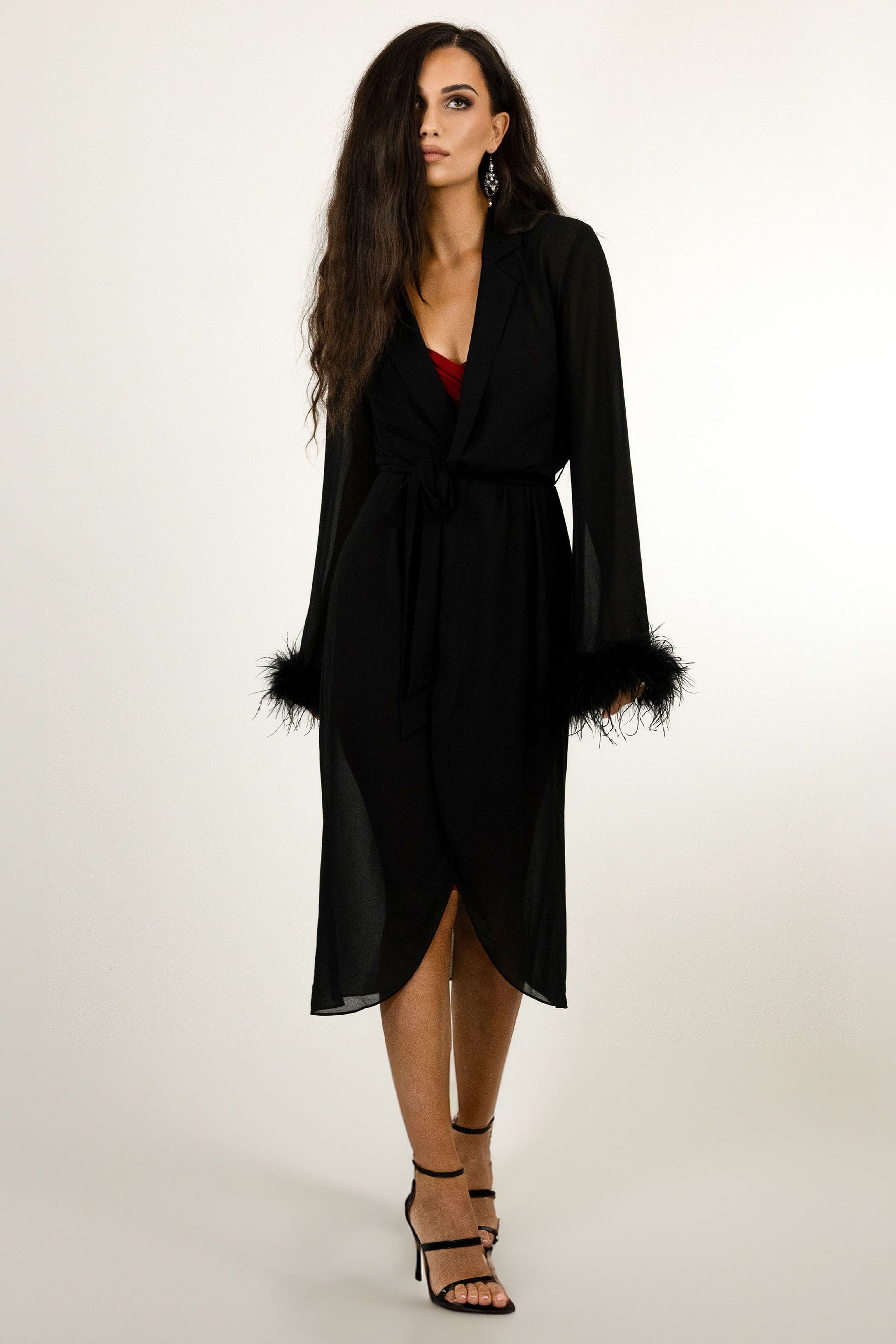 BALOU BALOU Women's Ostrich Feather Trimmed Midi Wrap Dress in Black - 2