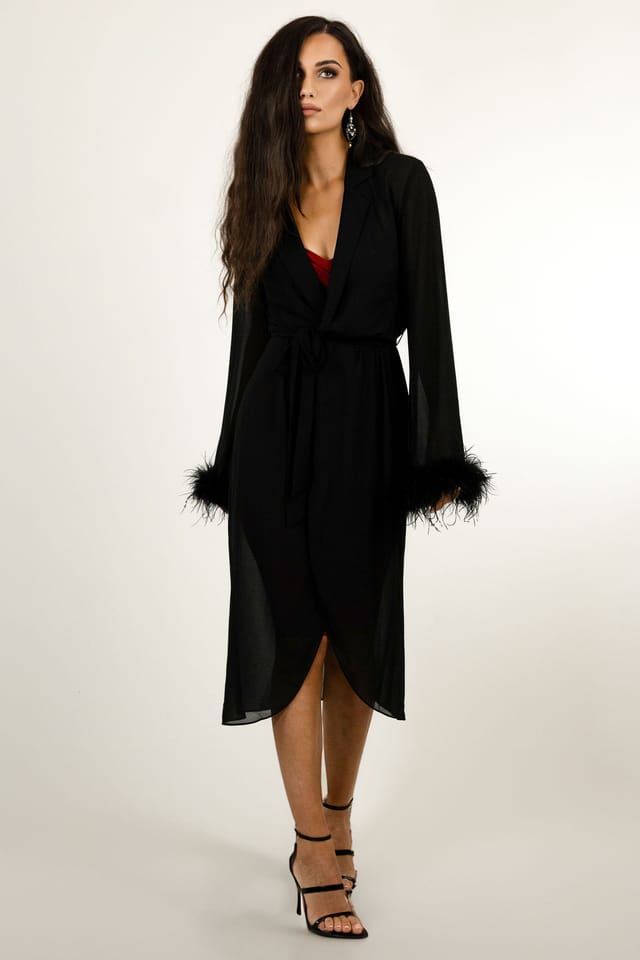 BALOU BALOU Women's Ostrich Feather Trimmed Midi Wrap Dress in Black - 2