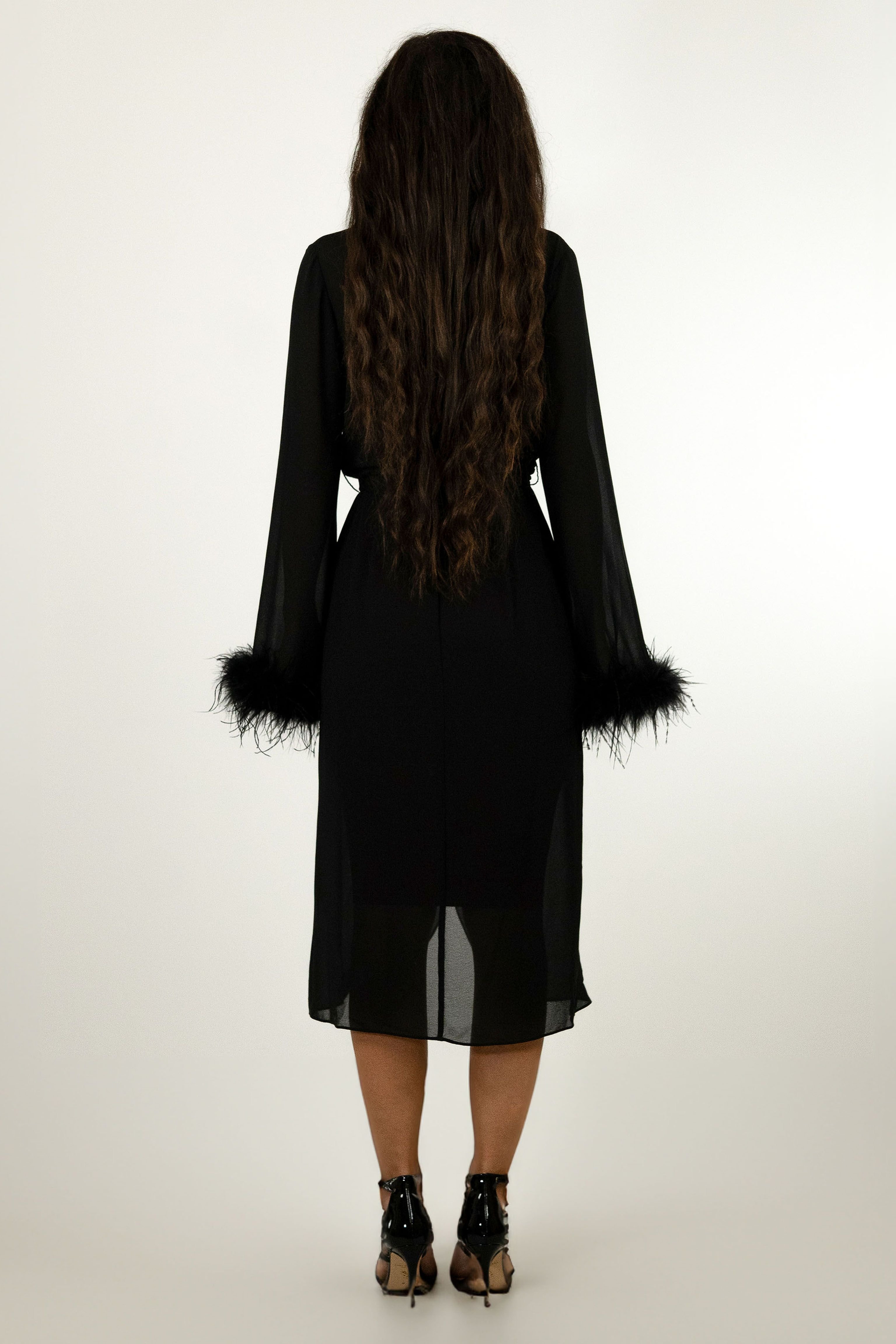 BALOU BALOU Women's Ostrich Feather Trimmed Midi Wrap Dress in Black - 4