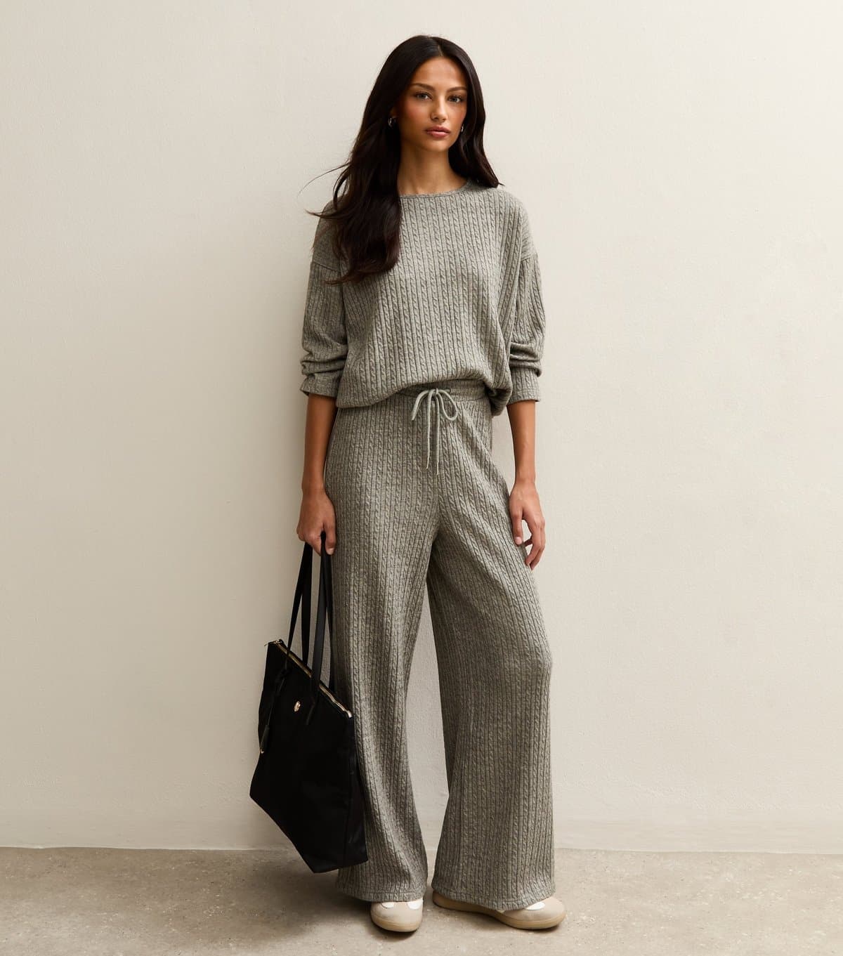 New Look New Look Grey Cable Knit Wide Leg Trousers