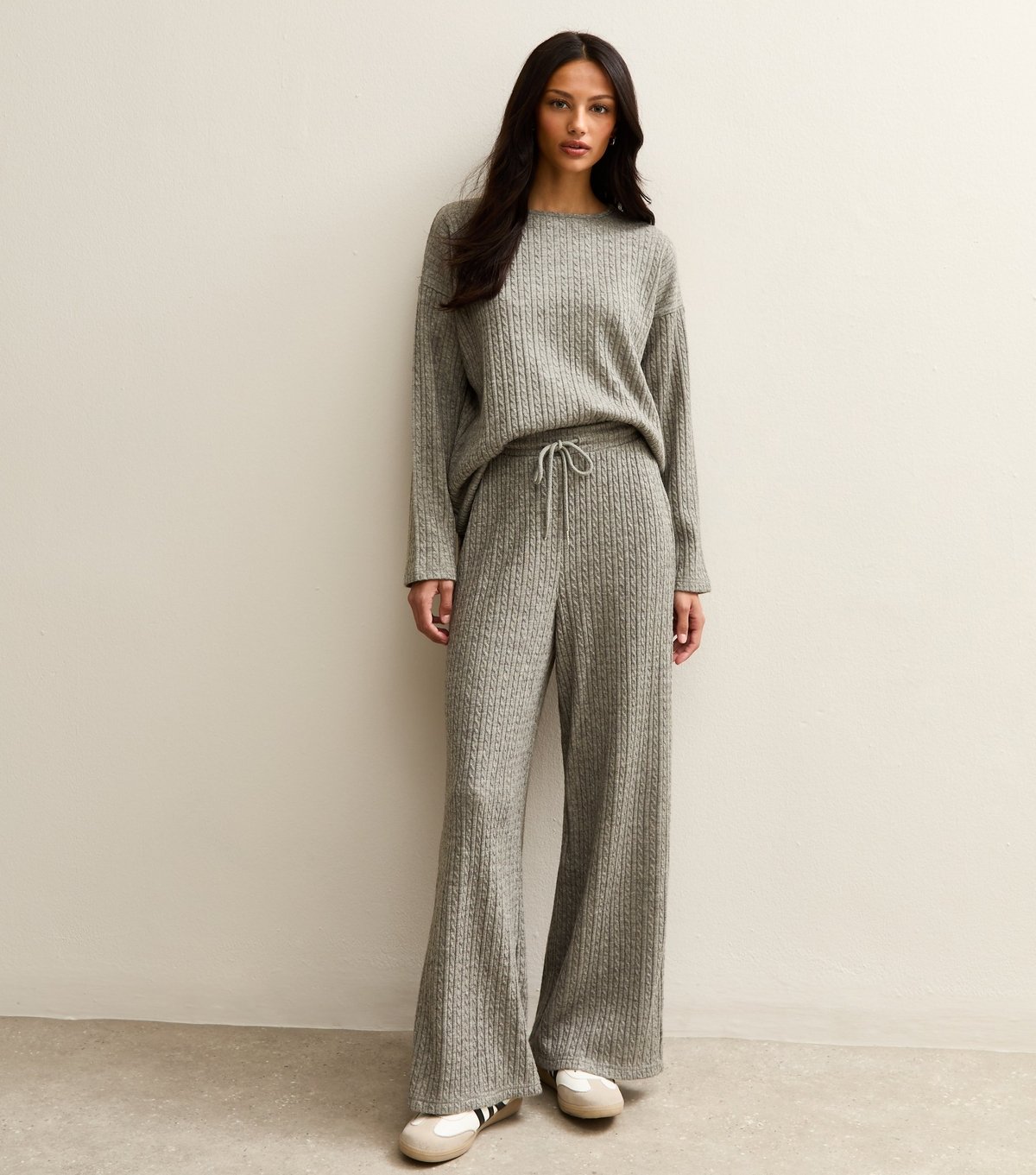 New Look Women's Grey Soft Touch Cable Knit Wide Leg Trousers New Look - 3
