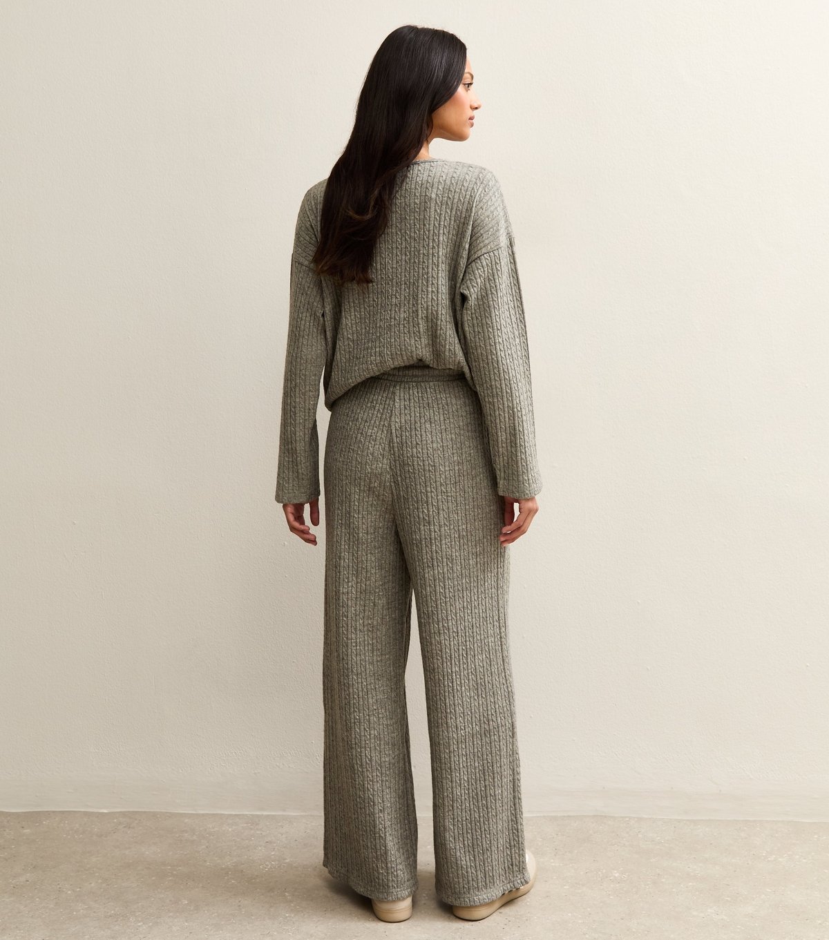 New Look Women's Grey Soft Touch Cable Knit Wide Leg Trousers New Look - 4