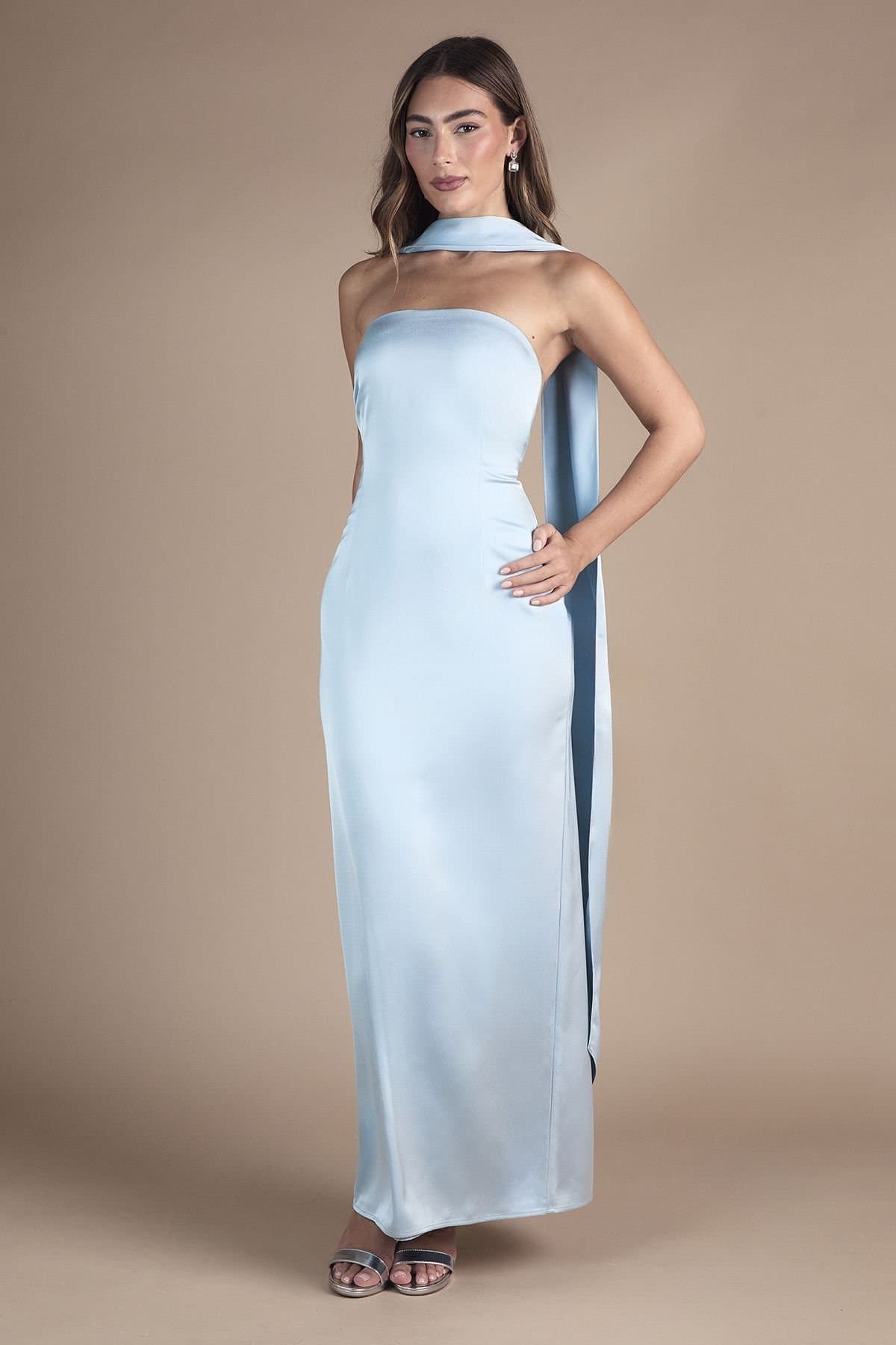 Oasis Oasis Women's Bandeau Satin Bridesmaid Maxi Dress With Scarf in Light Blue