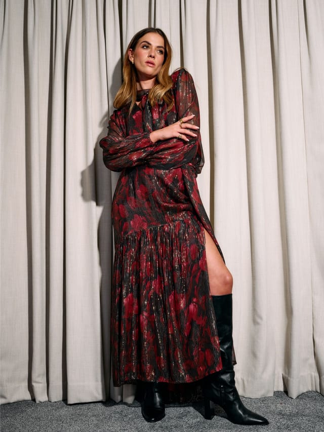 Finding Friday Finding Friday Women's Metallic Printed Aline Maxi Skirt With Ruffle Detail in Red - 2