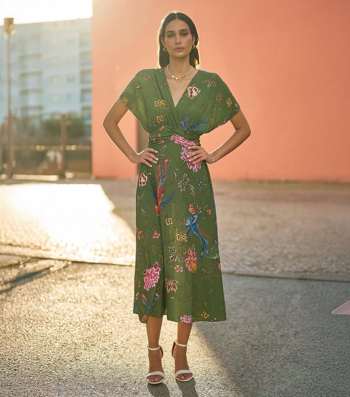 Yumi Women's Green Bird Floral Print Wrap Style Midi Dress Yumi New Look