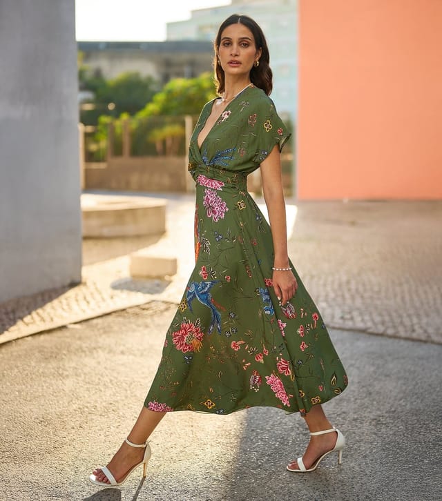 Yumi Women's Green Bird Floral Print Wrap Style Midi Dress Yumi New Look - 2