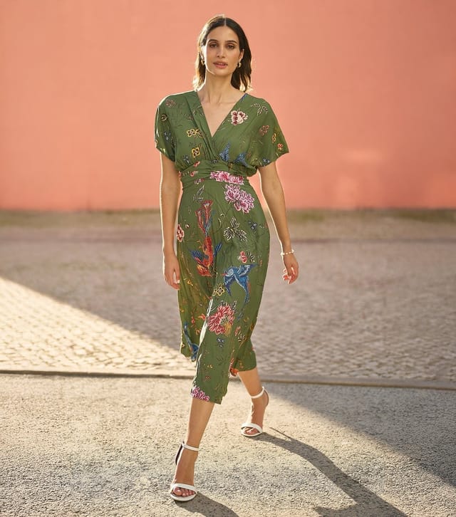 Yumi Women's Green Bird Floral Print Wrap Style Midi Dress Yumi New Look - 3