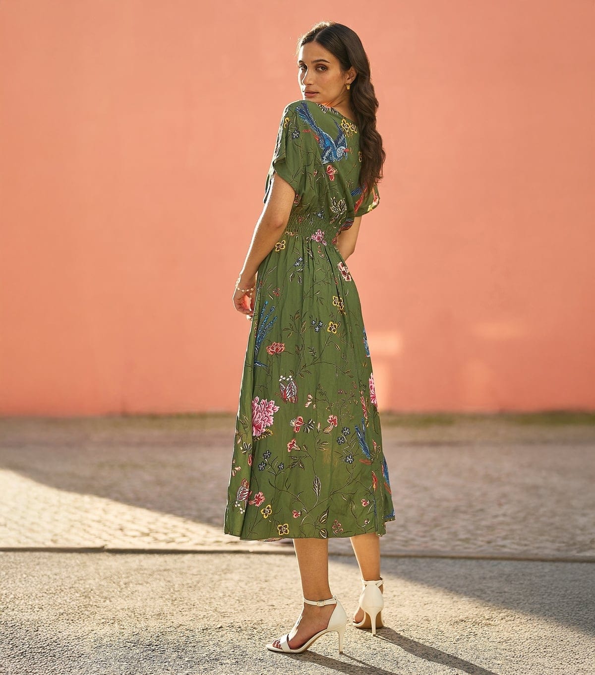 Yumi Women's Green Bird Floral Print Wrap Style Midi Dress Yumi New Look - 4