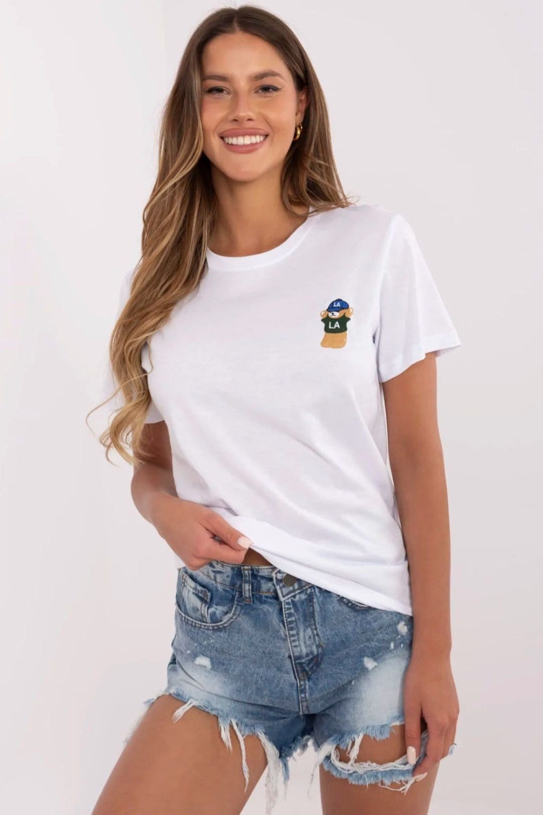 Love Lace White Cotton Casual T-Shirt With Bear Embroidery