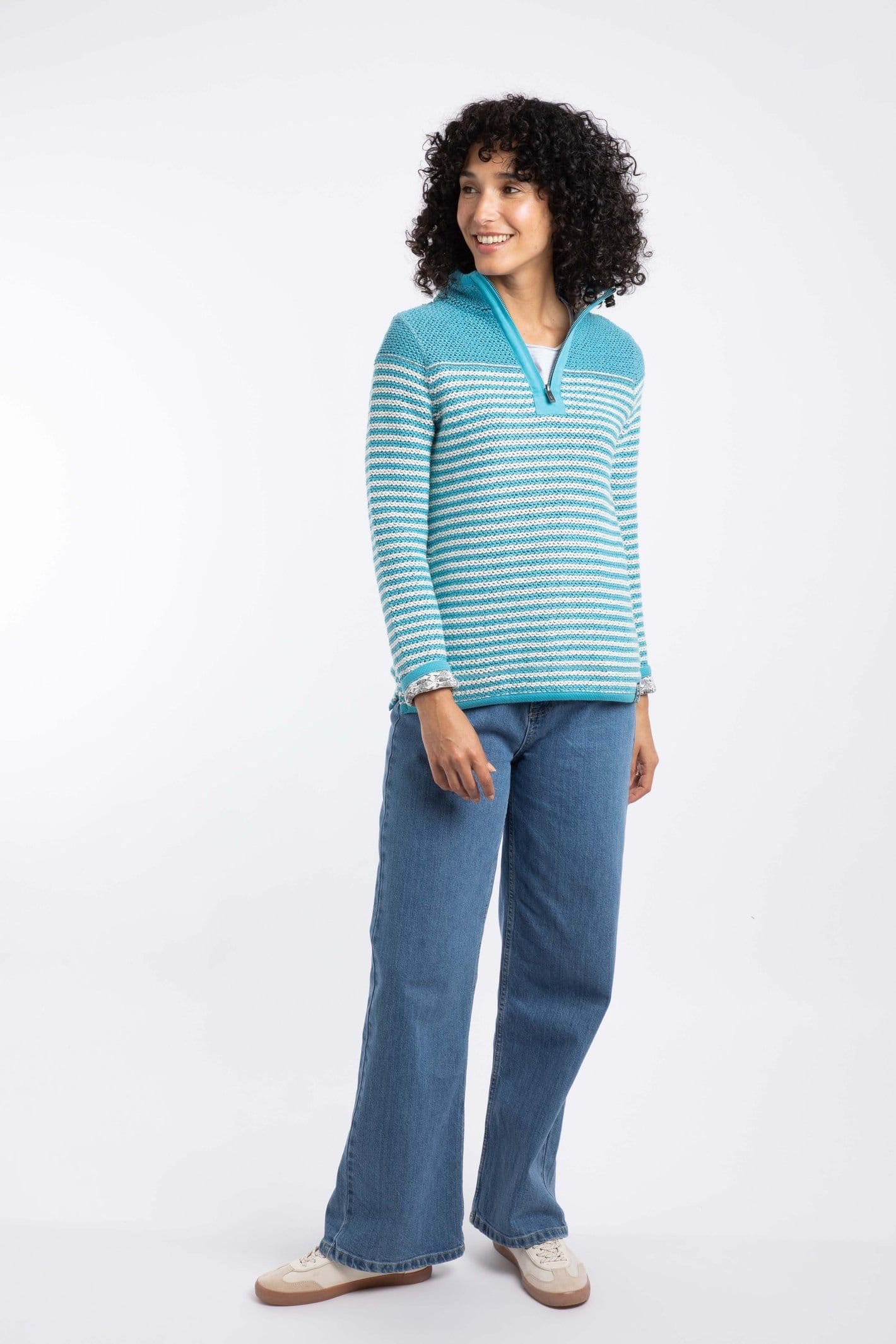 Weird Fish Weird Fish Women's Juliet 1/4 Zip Stripe Macaroni Sweatshirt in Mid Blue - 4