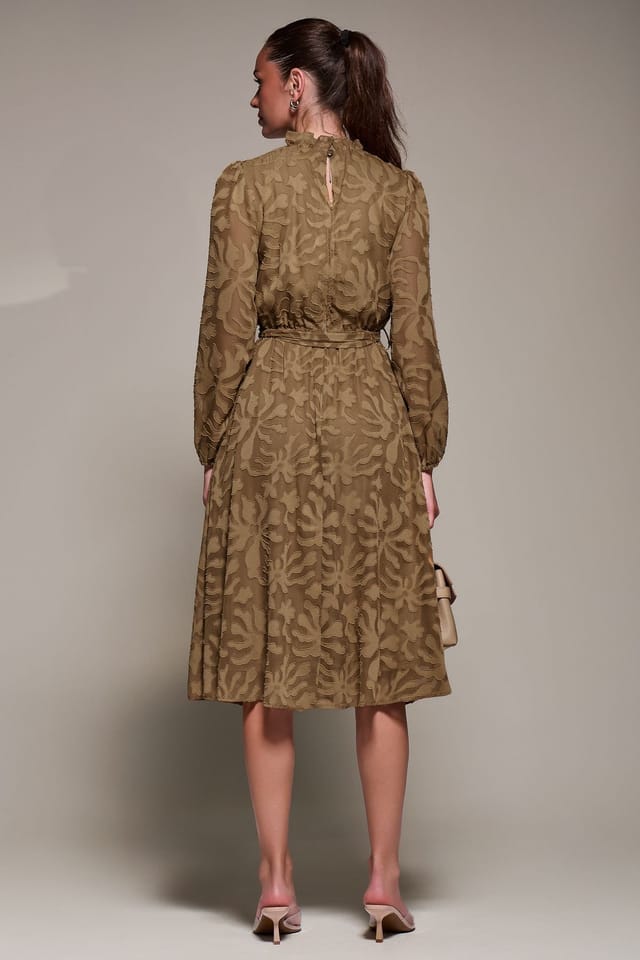 Jolie Moi Jolie Moi Women's Tie Neck Chiffon Midi Dress in Brown - 2