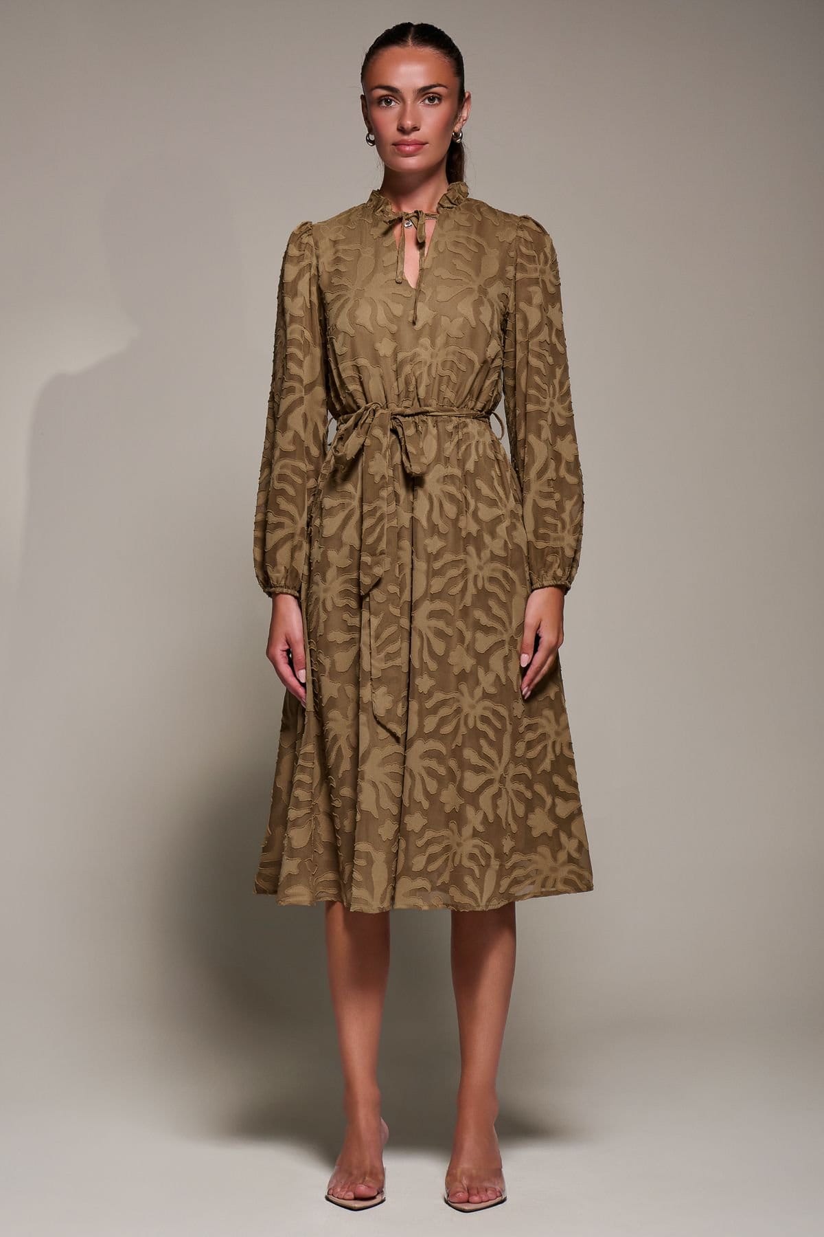 Jolie Moi Jolie Moi Women's Tie Neck Chiffon Midi Dress in Brown - 4