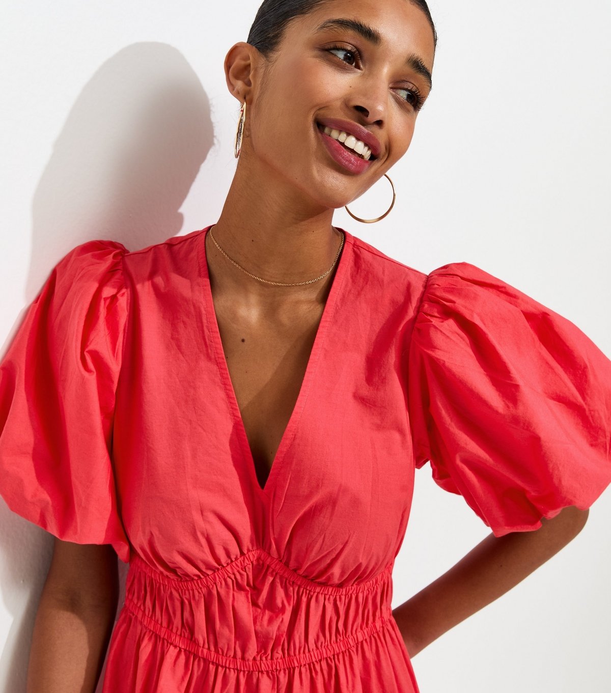 New Look Women's Dark Coral Cotton Puff Sleeve Midi Dress New Look - 2