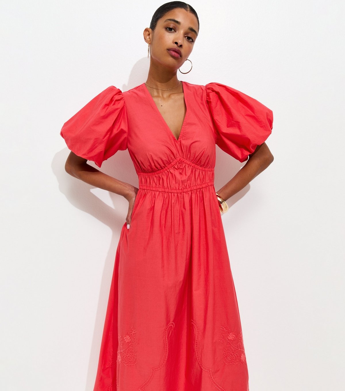 New Look Women's Dark Coral Cotton Puff Sleeve Midi Dress New Look - 3