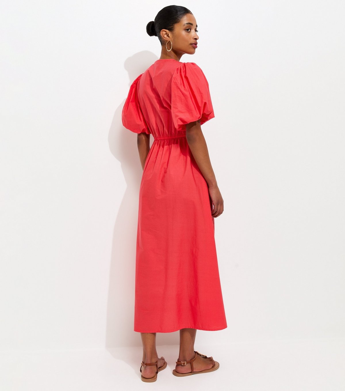 New Look Women's Dark Coral Cotton Puff Sleeve Midi Dress New Look - 4