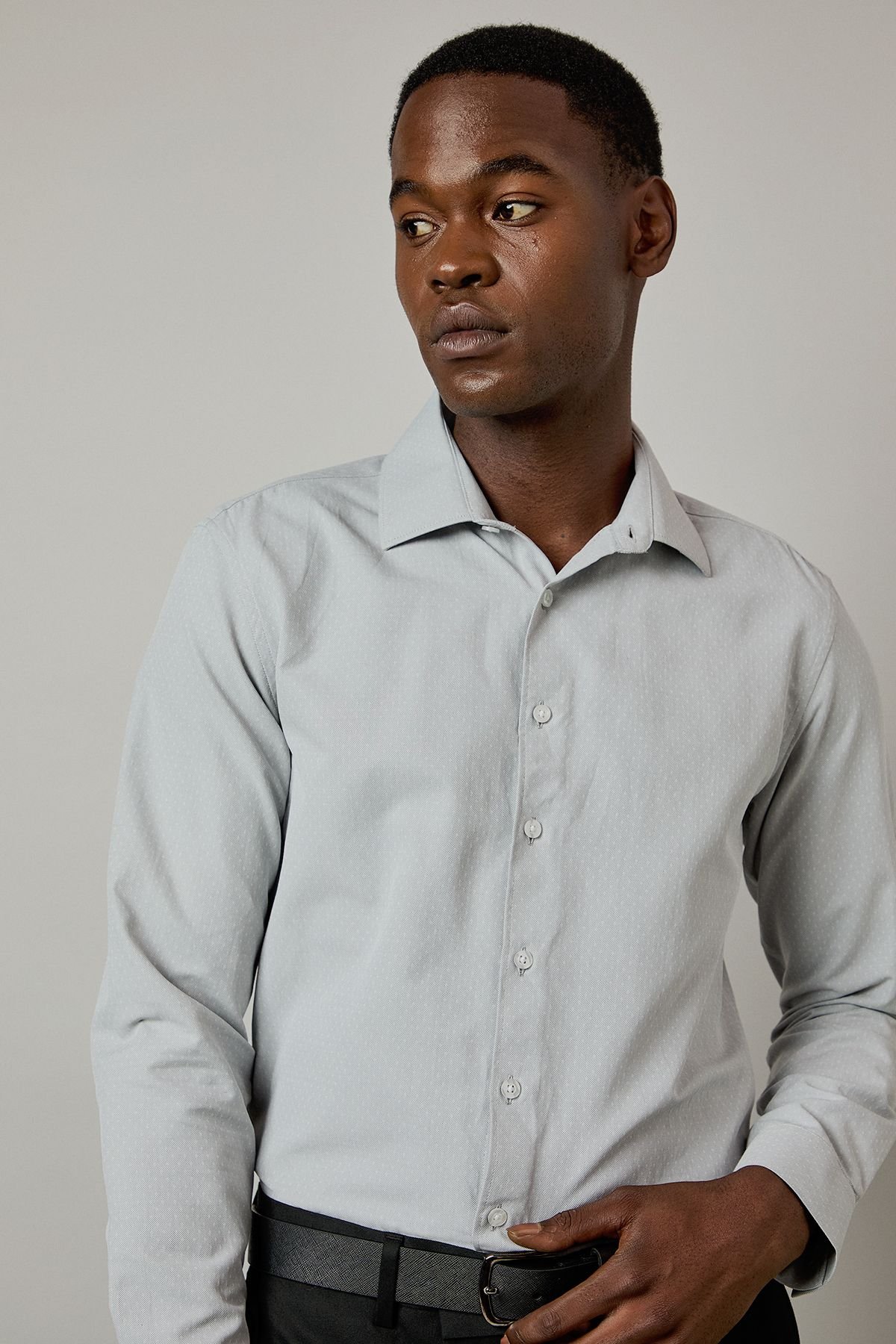 Burton Burton Men's Dark Grey Dobby Slim Fit Long Sleeve Shirt - 3