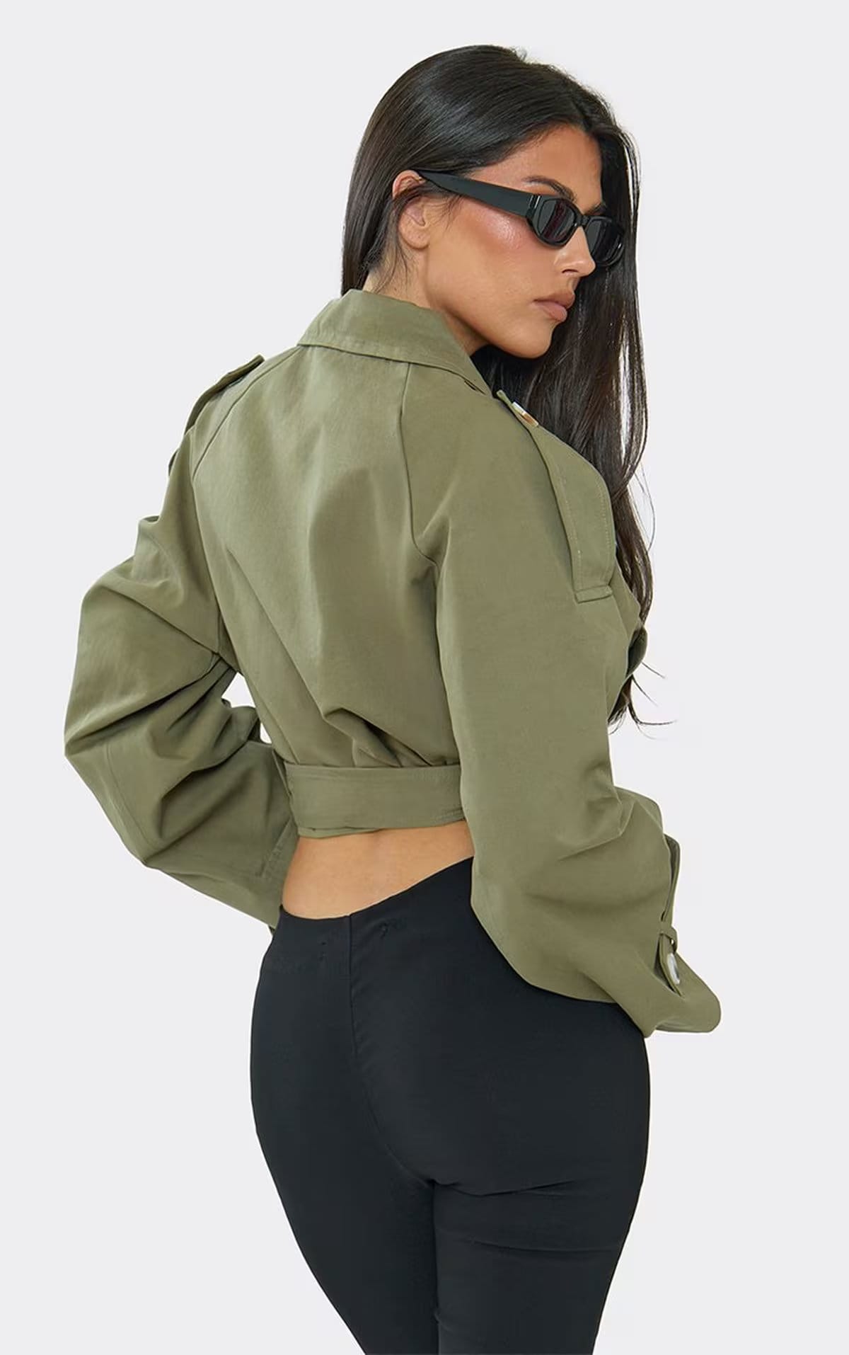 EGO Khaki Green Button Detail Tie Waist Cropped Trench Coat
