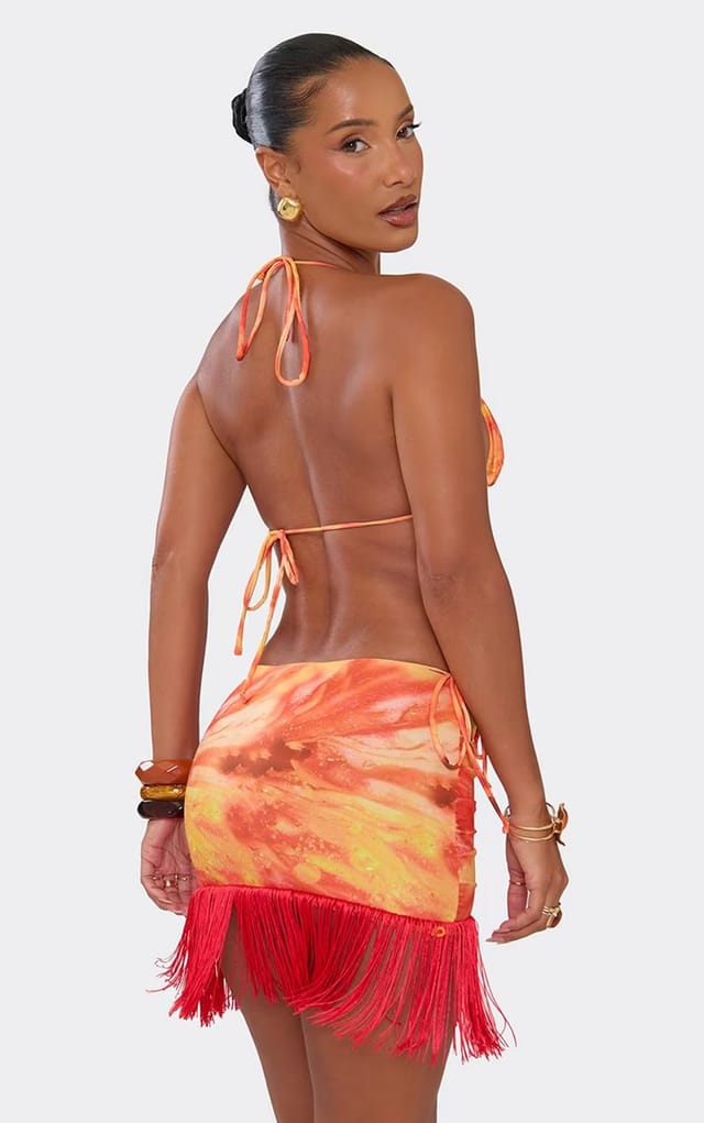 EGO Ruched Trim Detail Tassel Hem Mini Skirt In Orange Abstract Print, Women's Size UK 6 - 2