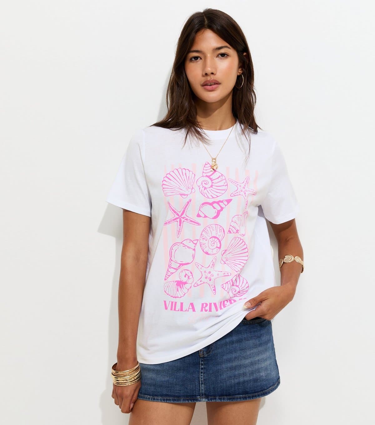 New Look New Look White Cotton Shell Print T-Shirt