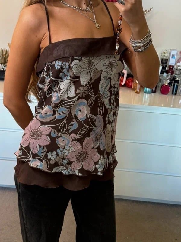 New Look Old new look brown pink and blue floral floaty ruffle cami top