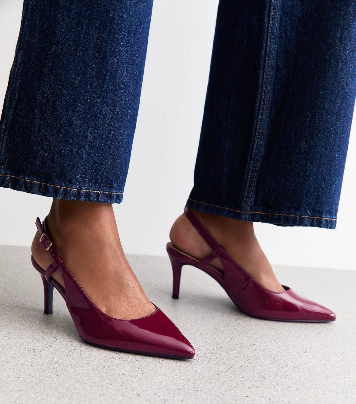 New Look Women's Wide Fit Dark Burgundy Faux Leather Slingback Court Shoes Vegan New Look