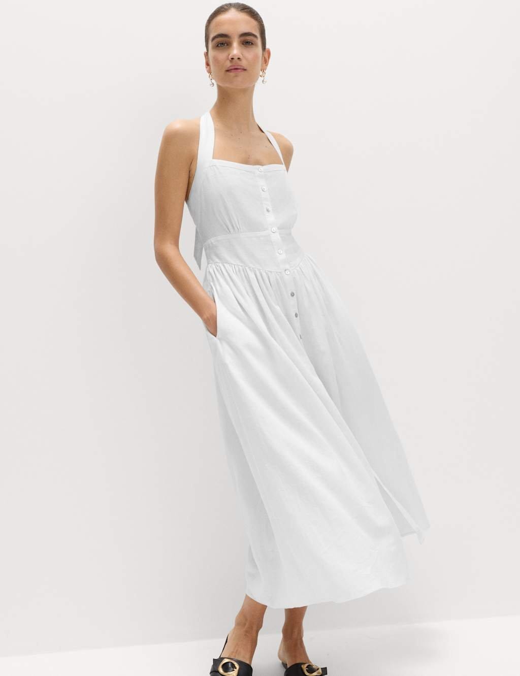 M&S Linen Rich Halter Neck Maxi Beach Dress White
