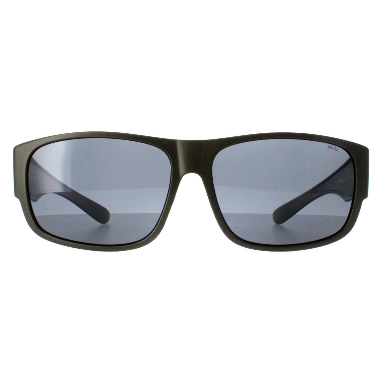 INVU INVU Men's Rectangle Matte Olive Metallic Grey Polarized E2601 in Green