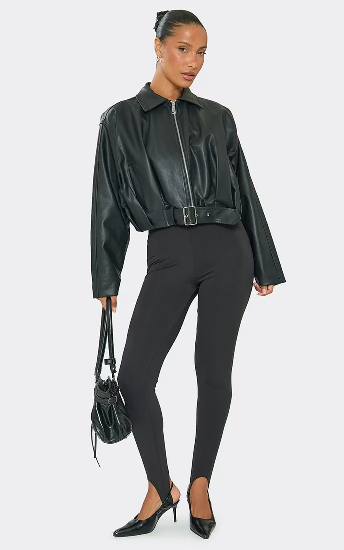 EGO Collared Belt Detail Zip Up Jacket In Black Faux Leather, Women's Size UK 6