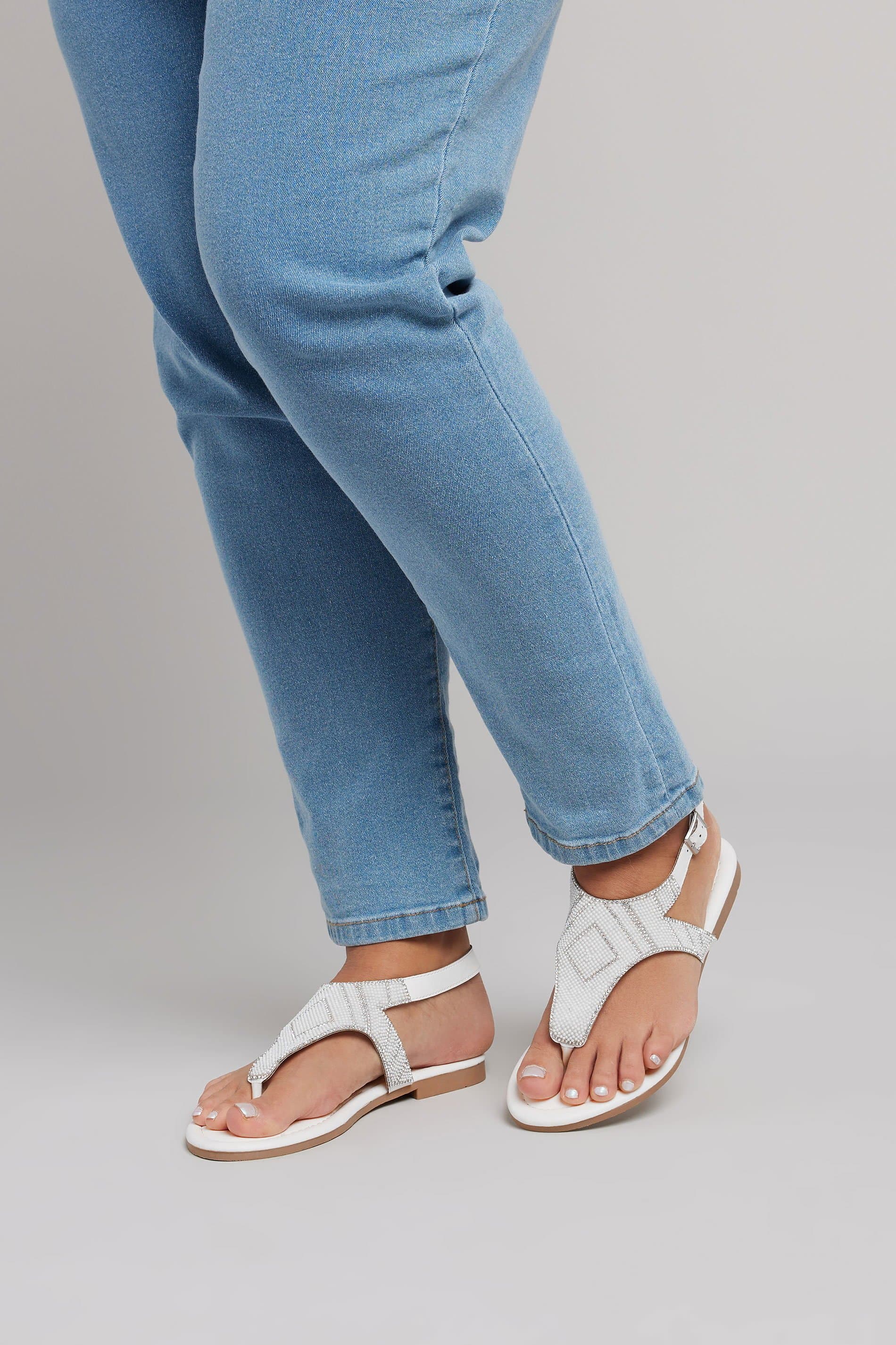 Yours White Embellished Tbar Sandals In Wide E & Extra Wide Eee Fit