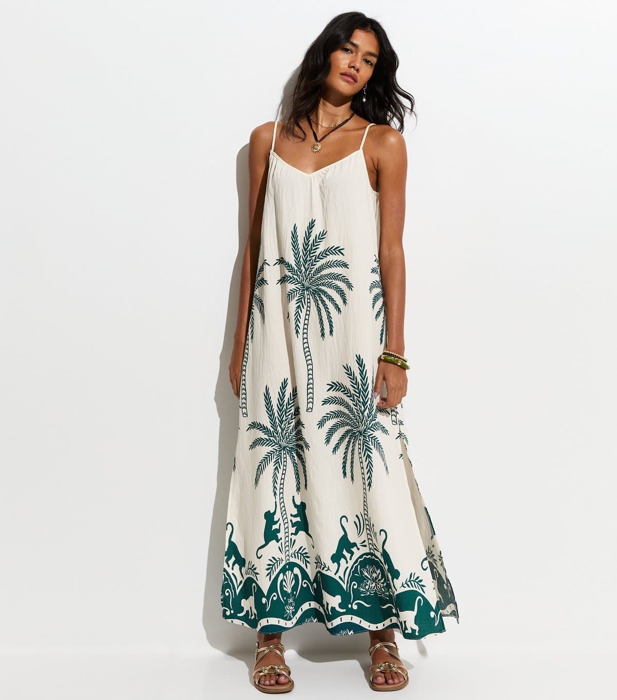 New Look Women's Green Woven Palm Pattern Beach Maxi Dress New Look
