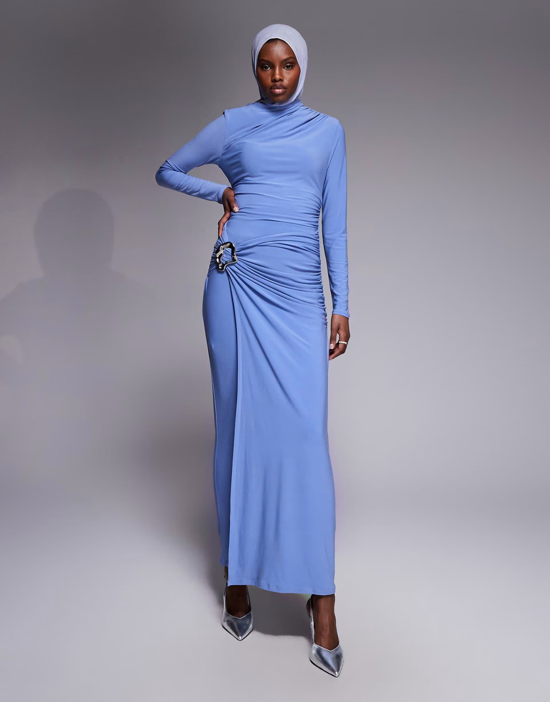 ASOS ASOS DESIGN long sleeve maxi dress with trim detail in slate blue