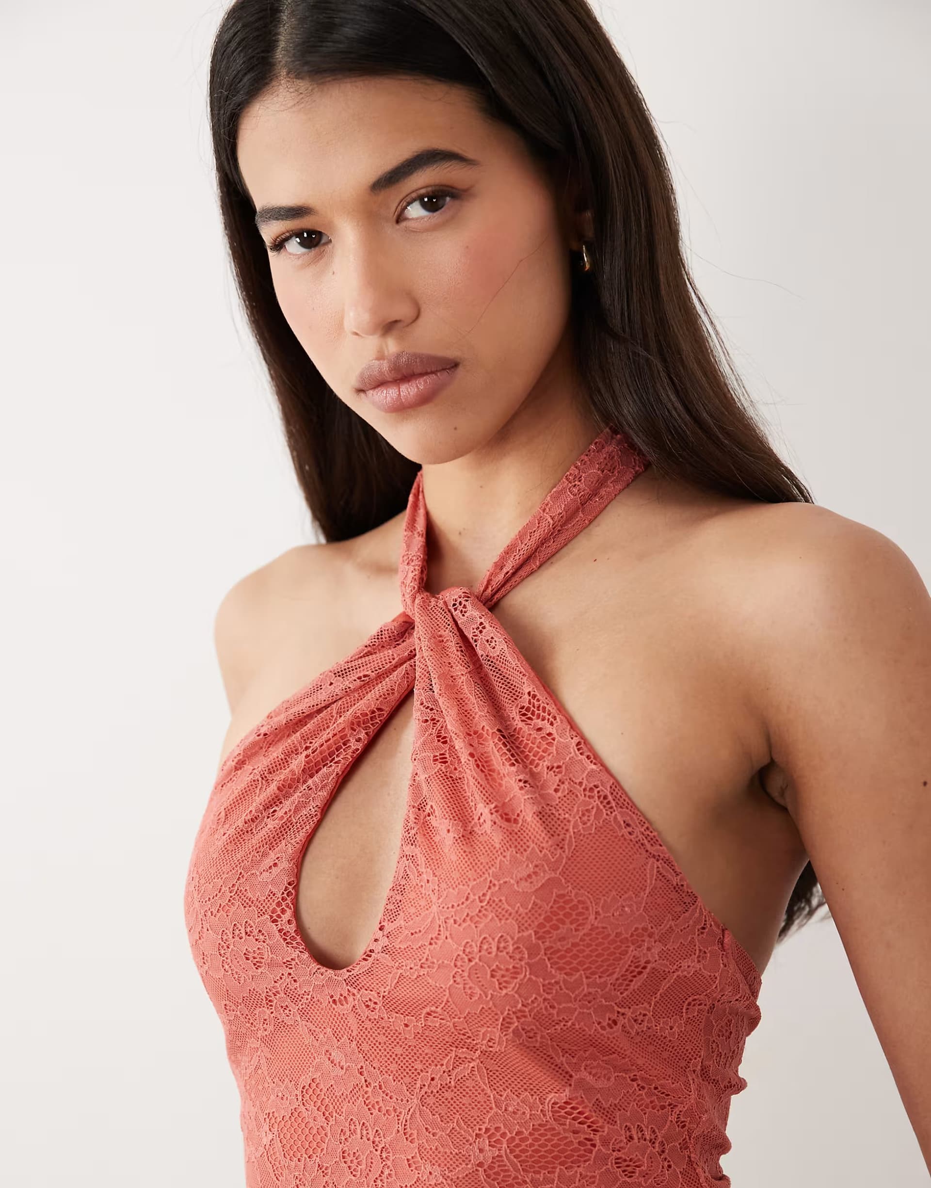 ASOS ASOS DESIGN co-ord lace key hole halter neck top in rust