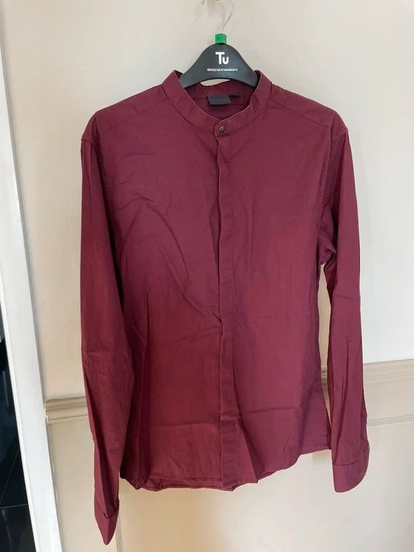 ASOS Burgundy Collarless Shirt with Hidden Buttons