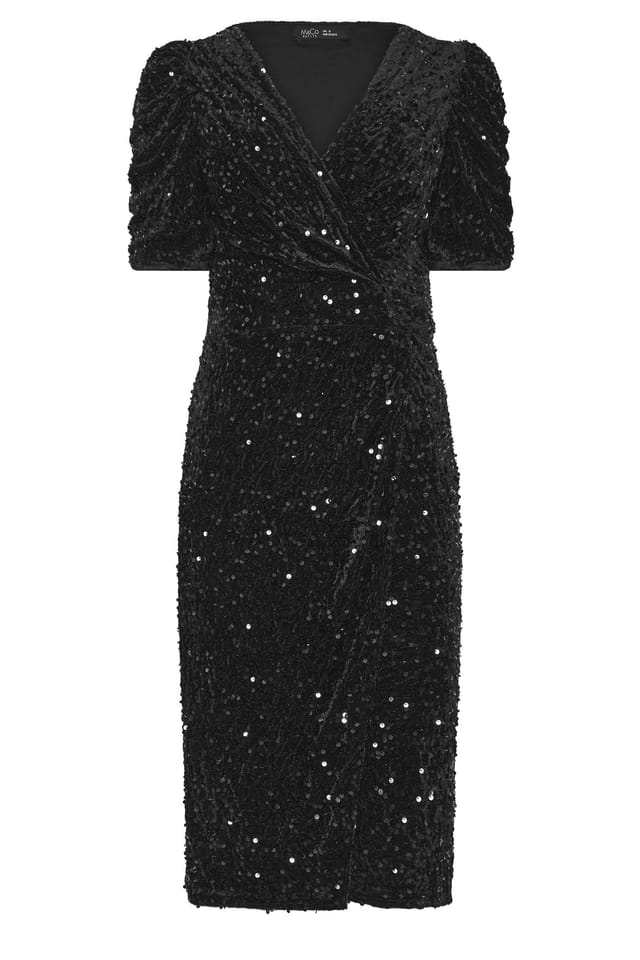 M&Co M&Co Women's Petite Sequin Velvet Short Sleeve Wrap Dress in Black - 2