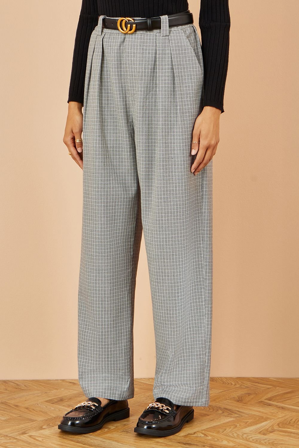 Yumi Yumi Women's Grey Check Wide Leg Trousers - 2
