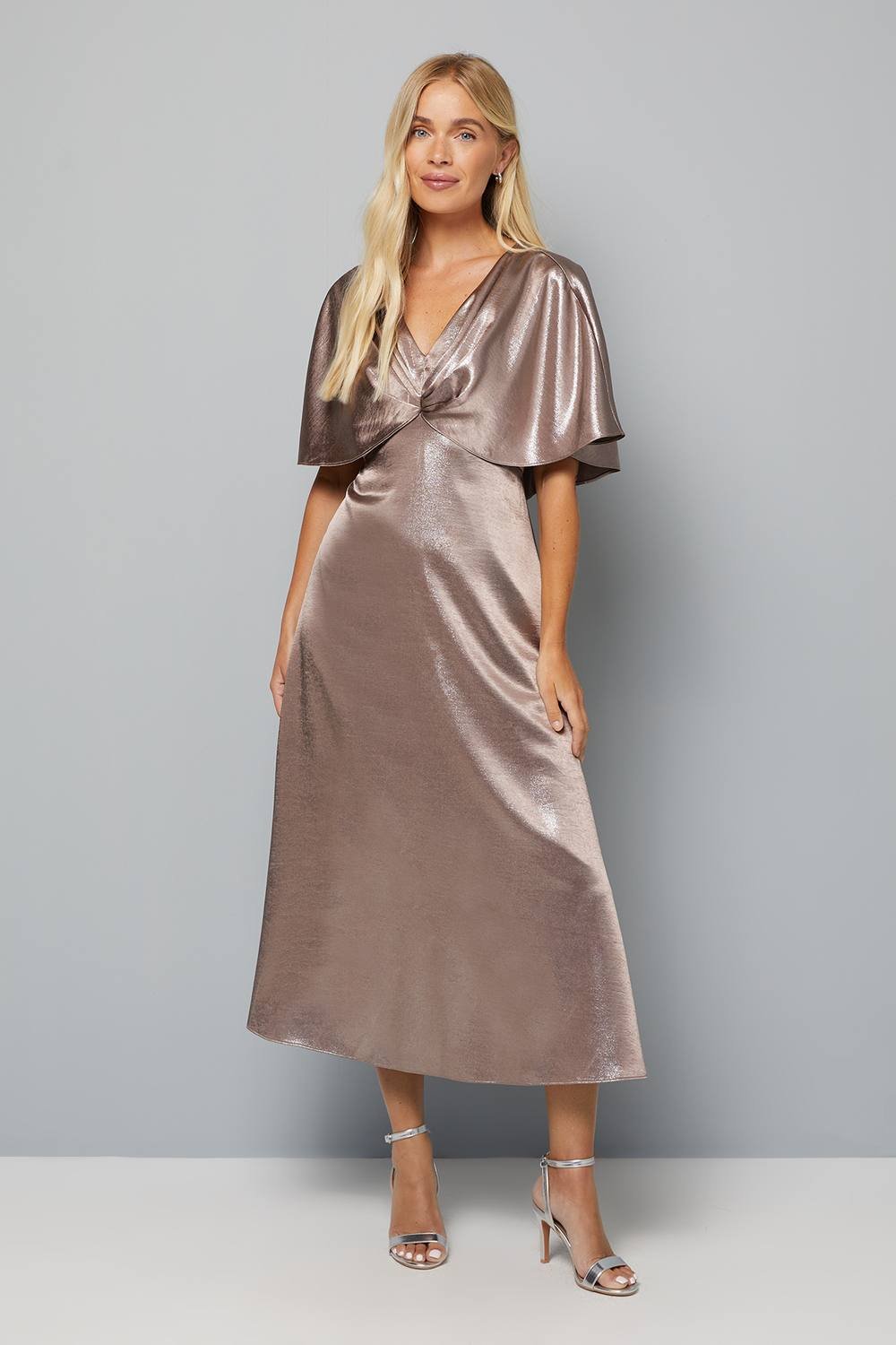 Wallis Wallis Women's Petite Metallic Cape Sleeve Detail Midi Dress in Gold - 2