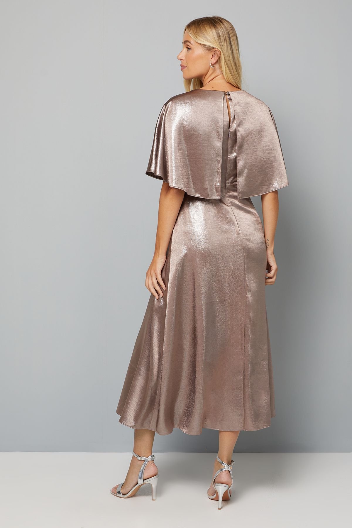 Wallis Wallis Women's Petite Metallic Cape Sleeve Detail Midi Dress in Gold - 3