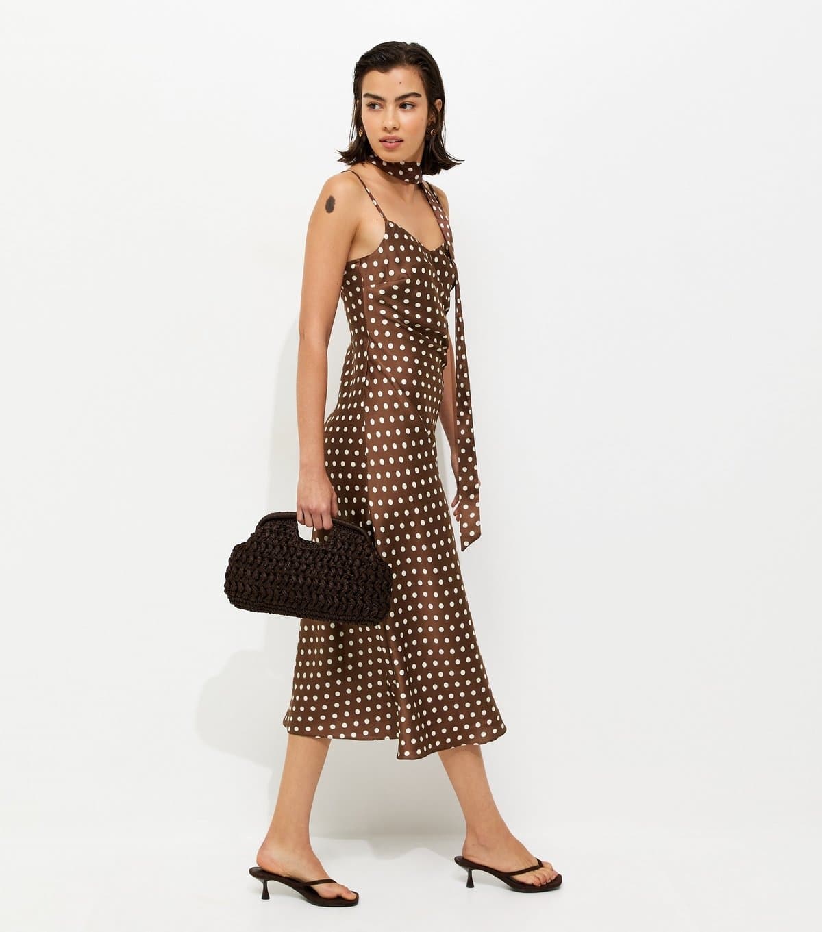 New Look Women's Brown Satin Spot Print Midi Dress New Look