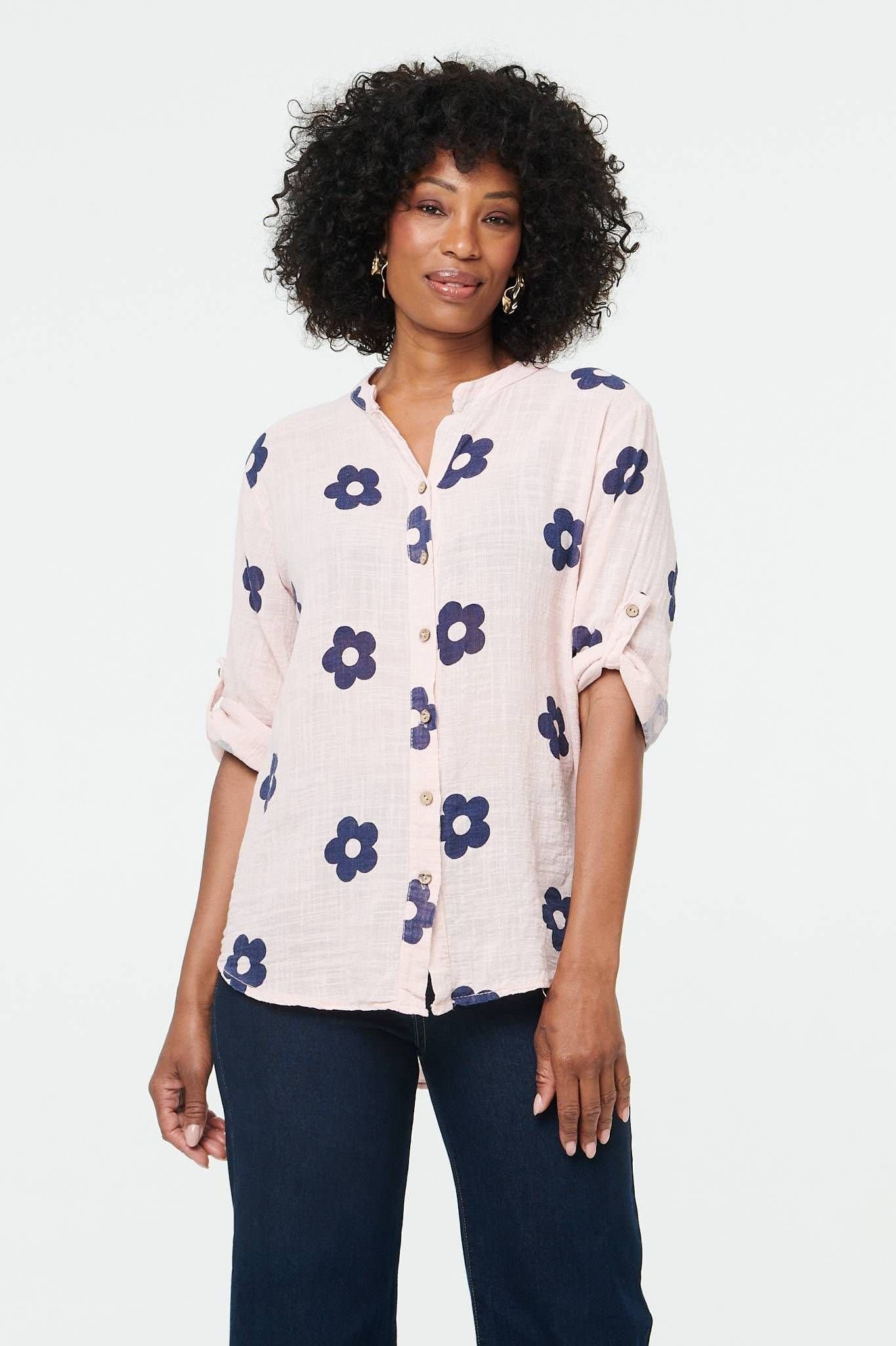 Izabel London Izabel London Women's Floral 3/4 Sleeve Button Relaxed Blouse in Pink
