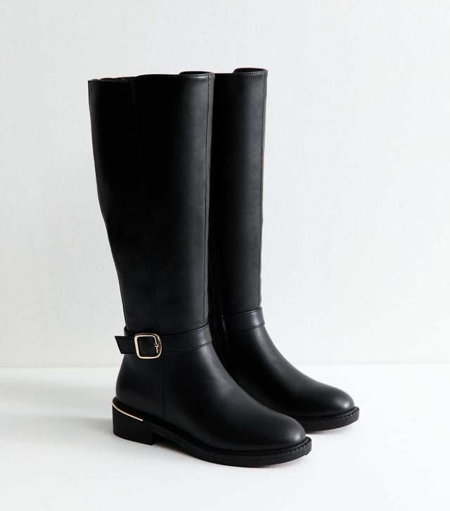 New Look Women's Black Faux Leather Riding Knee High Boots Vegan New Look - 3