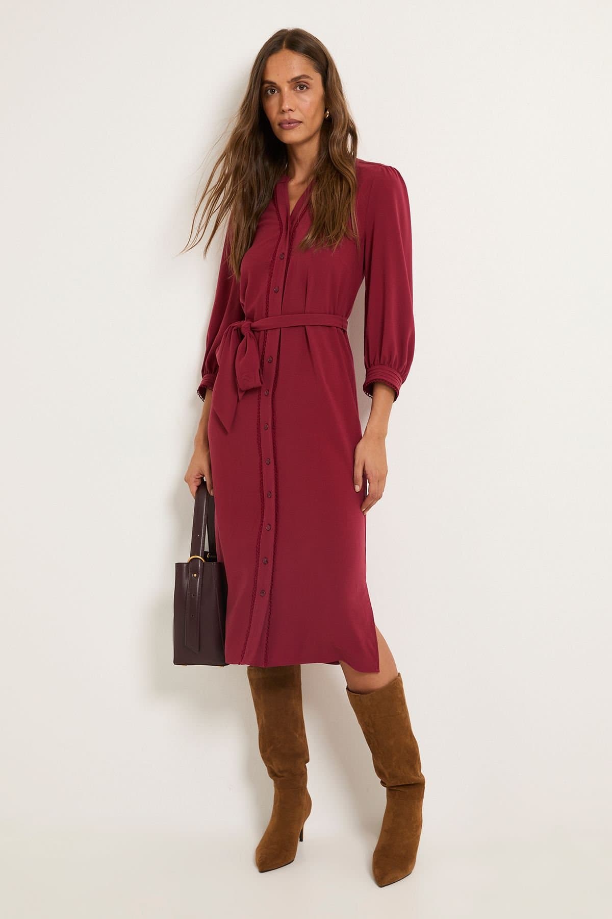 Wallis Wallis Women's Button Through Belted Shirt Dress in Wine